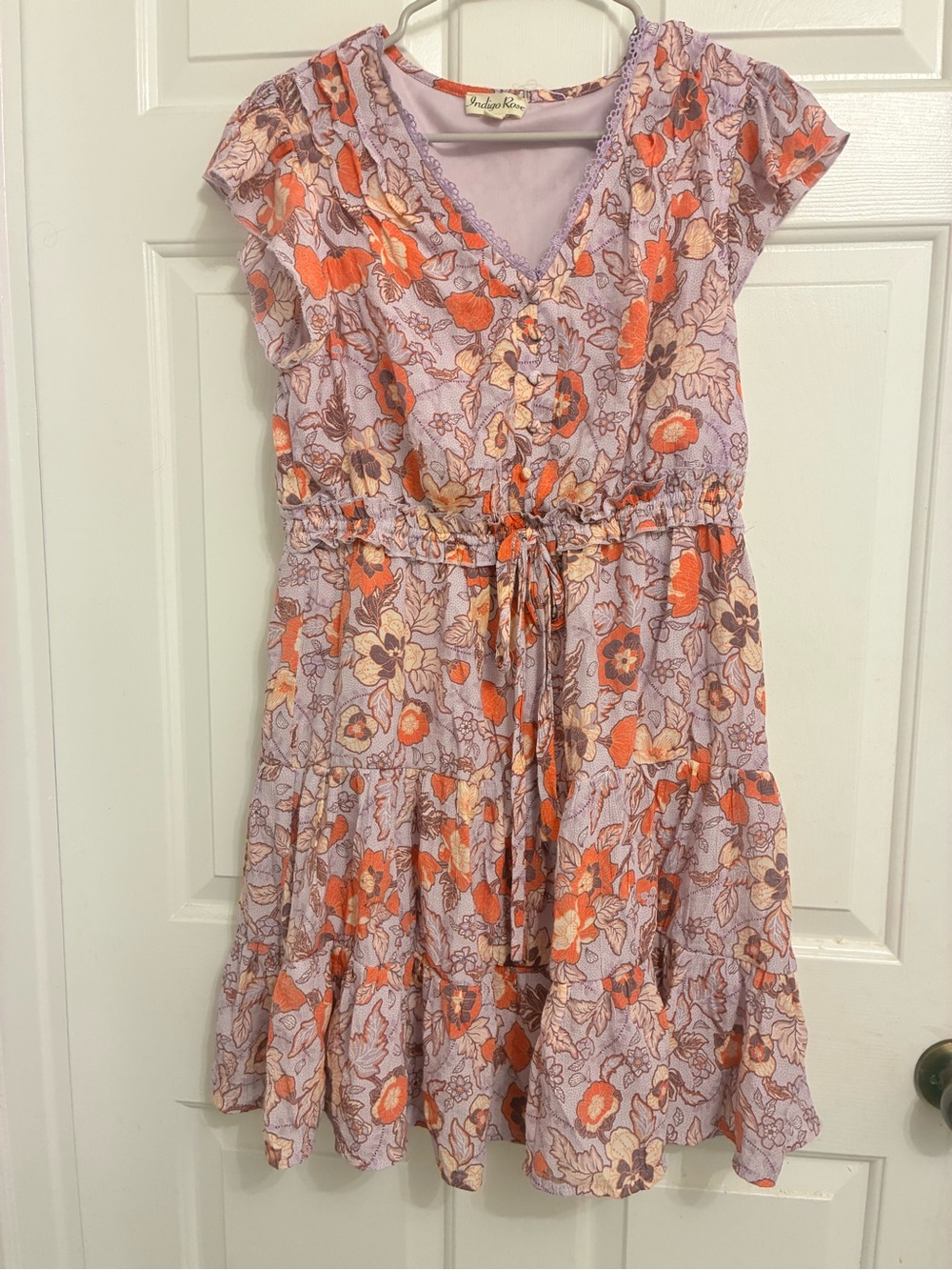Lavender Floral Tie-Waist Mini Dress with Orange Accents